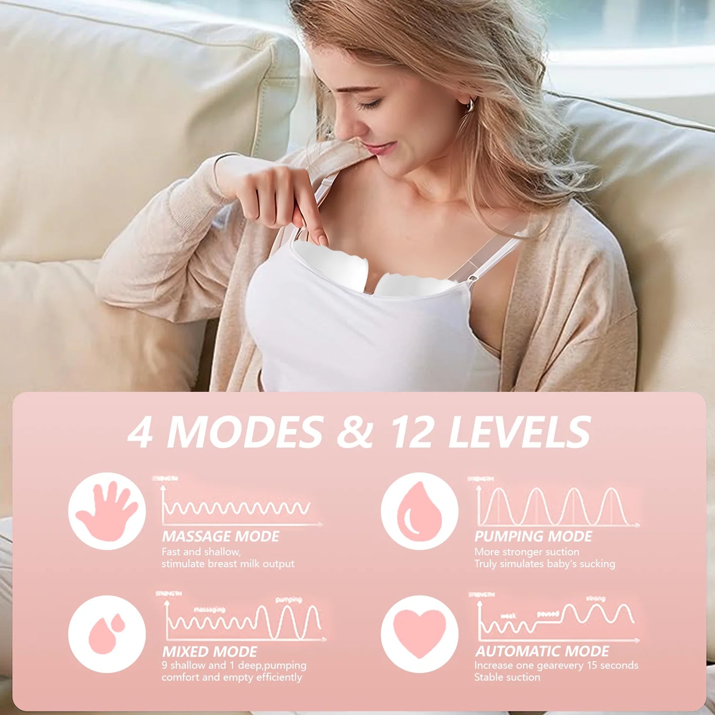 Electric Breast Pump, Wearable Hands-Free Breast Pumps with 3 Modes, 9 Levels, Pink