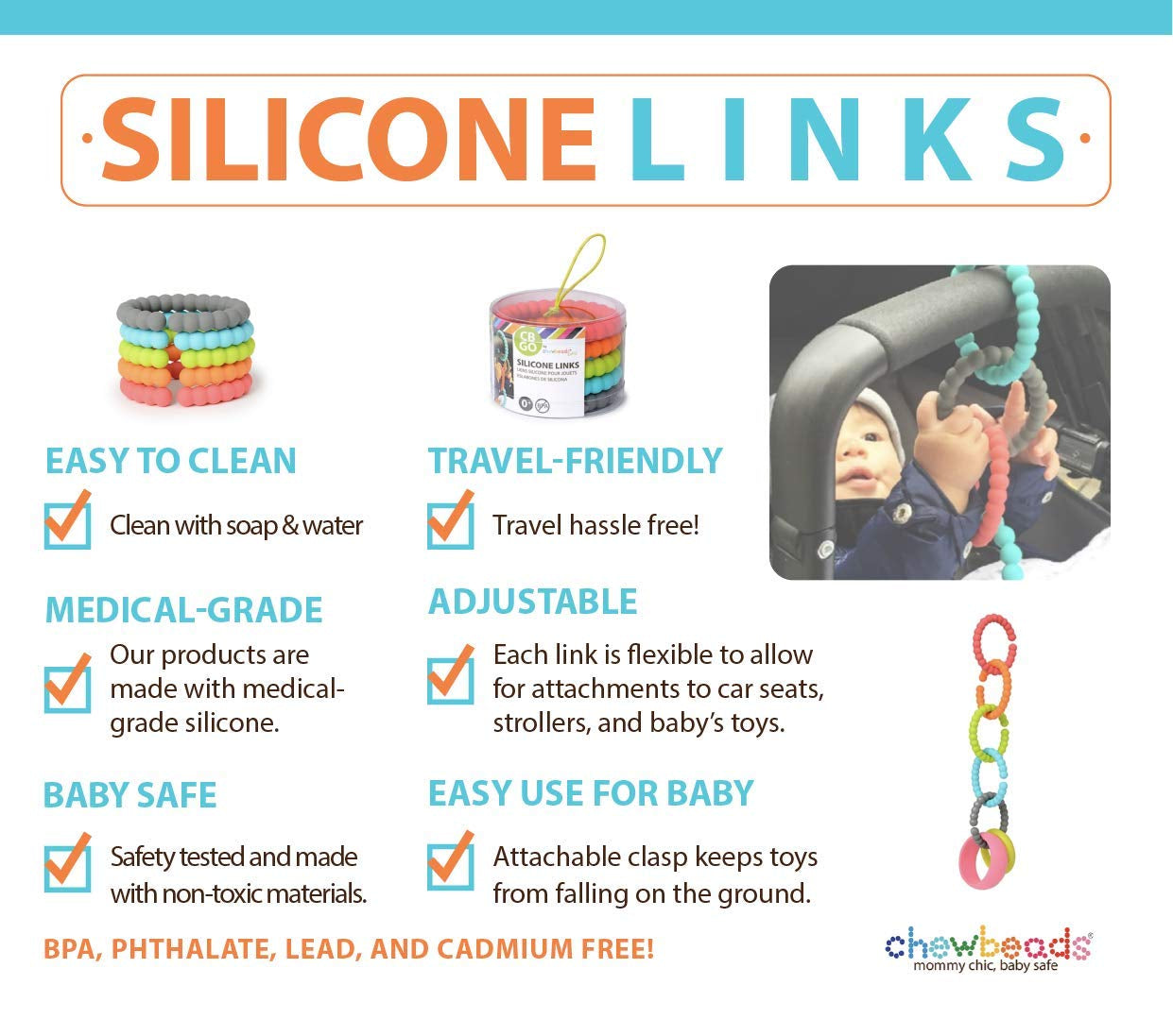 - Baby Silicone Links - Multi Use Baby Toy Rings - Attach Toys & Teethers to Stroller, Car Seat & More - Medical Grade Silicone, BPA Free & Phthalate Free