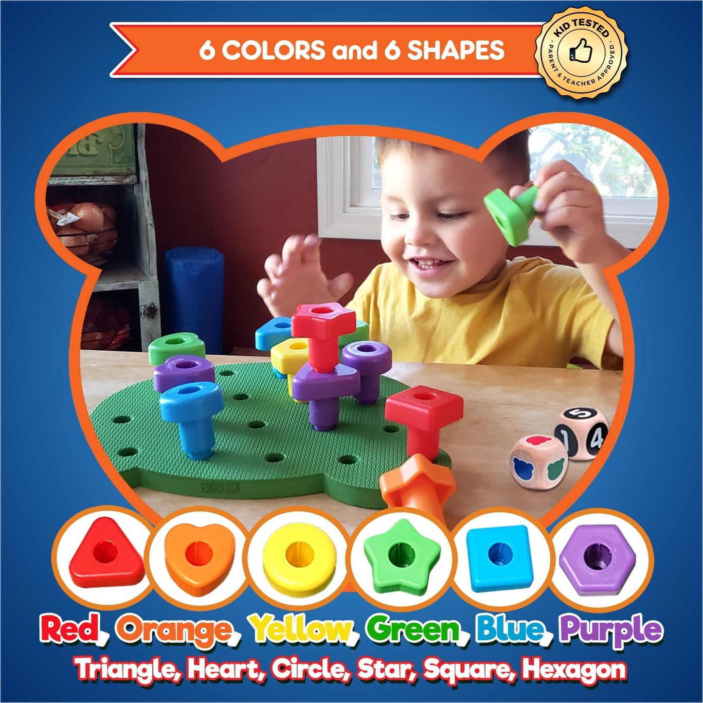 Jumbo Stacking Shapes Pegboard Set for Kids with 18 Pegs, 2 Wooden Dice, Lacing String & Storage Box (Standard Rainbow Colors)