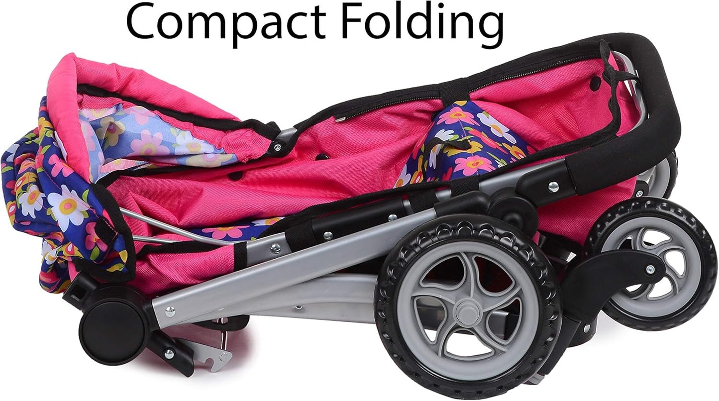 | Foldable Pram for Baby Doll with Flower Design with Swiveling Wheel Adjustable Handle Bassinet Stroller with Baby Doll, Convertible Seat, and Basket, and Free Carriage Bag