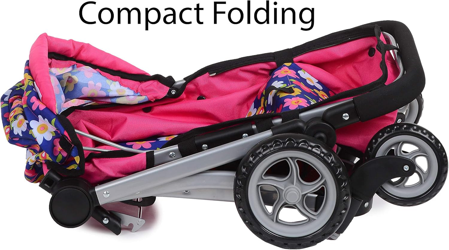 | Foldable Pram for Baby Doll with Flower Design with Swiveling Wheel Adjustable Handle Bassinet Stroller with Baby Doll, Convertible Seat, and Basket, and Free Carriage Bag