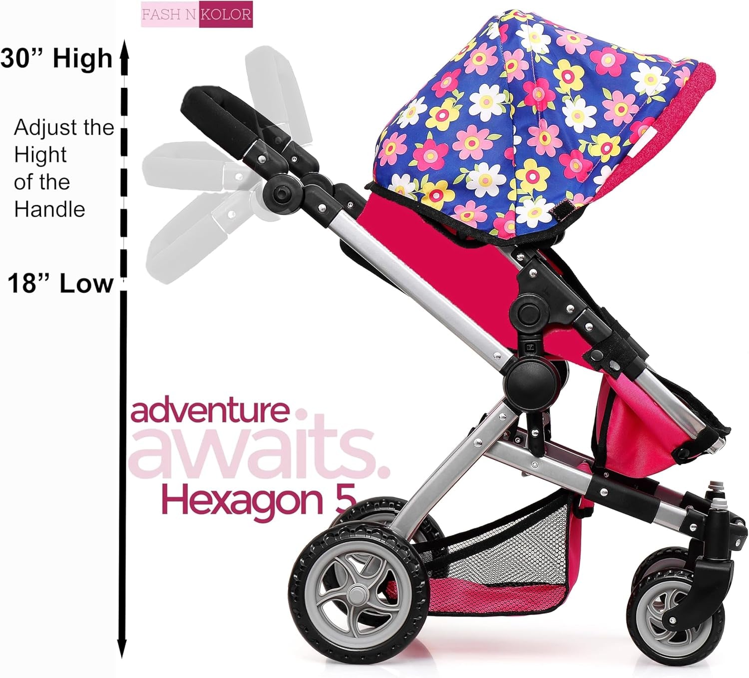 | Foldable Pram for Baby Doll with Flower Design with Swiveling Wheel Adjustable Handle Bassinet Stroller with Baby Doll, Convertible Seat, and Basket, and Free Carriage Bag