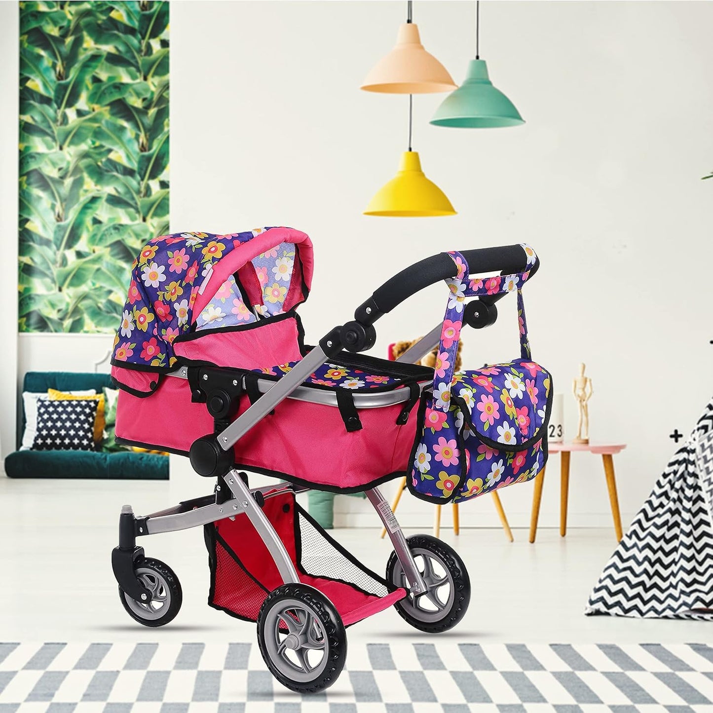 | Foldable Pram for Baby Doll with Flower Design with Swiveling Wheel Adjustable Handle Bassinet Stroller with Baby Doll, Convertible Seat, and Basket, and Free Carriage Bag