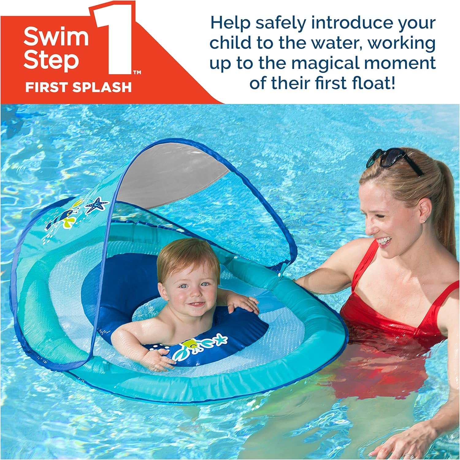 Baby Spring Float with Adjustable Canopy and UPF Sun Protection, Blue Lobster