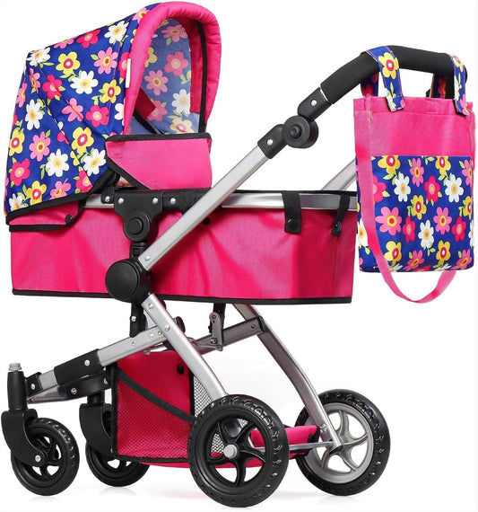 | Foldable Pram for Baby Doll with Flower Design with Swiveling Wheel Adjustable Handle Bassinet Stroller with Baby Doll, Convertible Seat, and Basket, and Free Carriage Bag