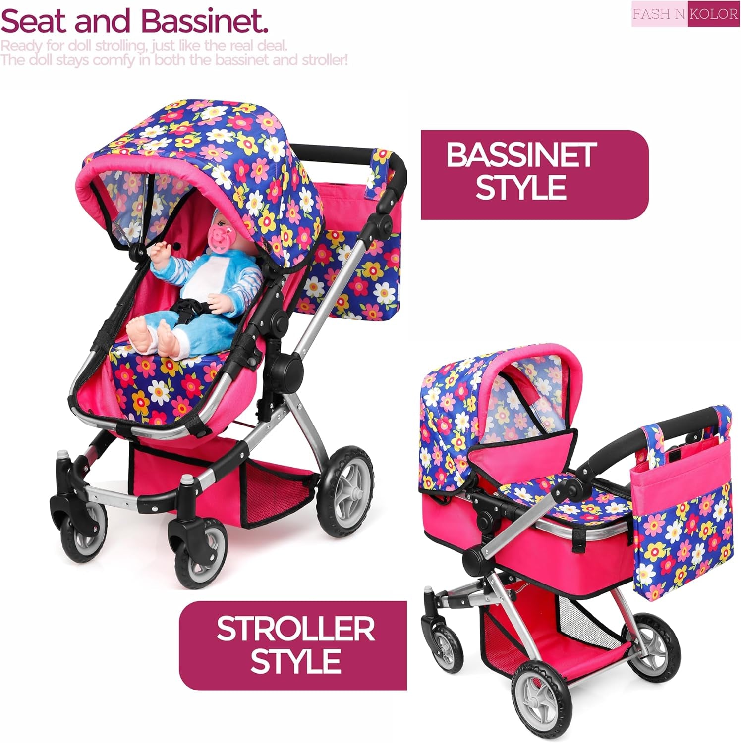 | Foldable Pram for Baby Doll with Flower Design with Swiveling Wheel Adjustable Handle Bassinet Stroller with Baby Doll, Convertible Seat, and Basket, and Free Carriage Bag