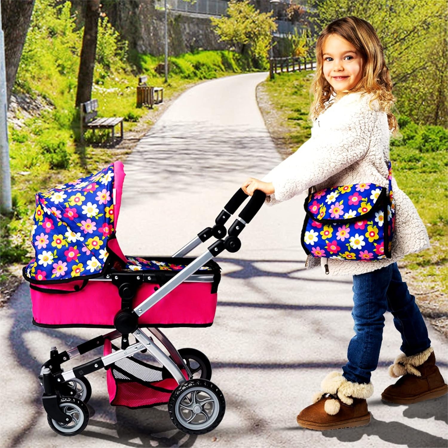 | Foldable Pram for Baby Doll with Flower Design with Swiveling Wheel Adjustable Handle Bassinet Stroller with Baby Doll, Convertible Seat, and Basket, and Free Carriage Bag