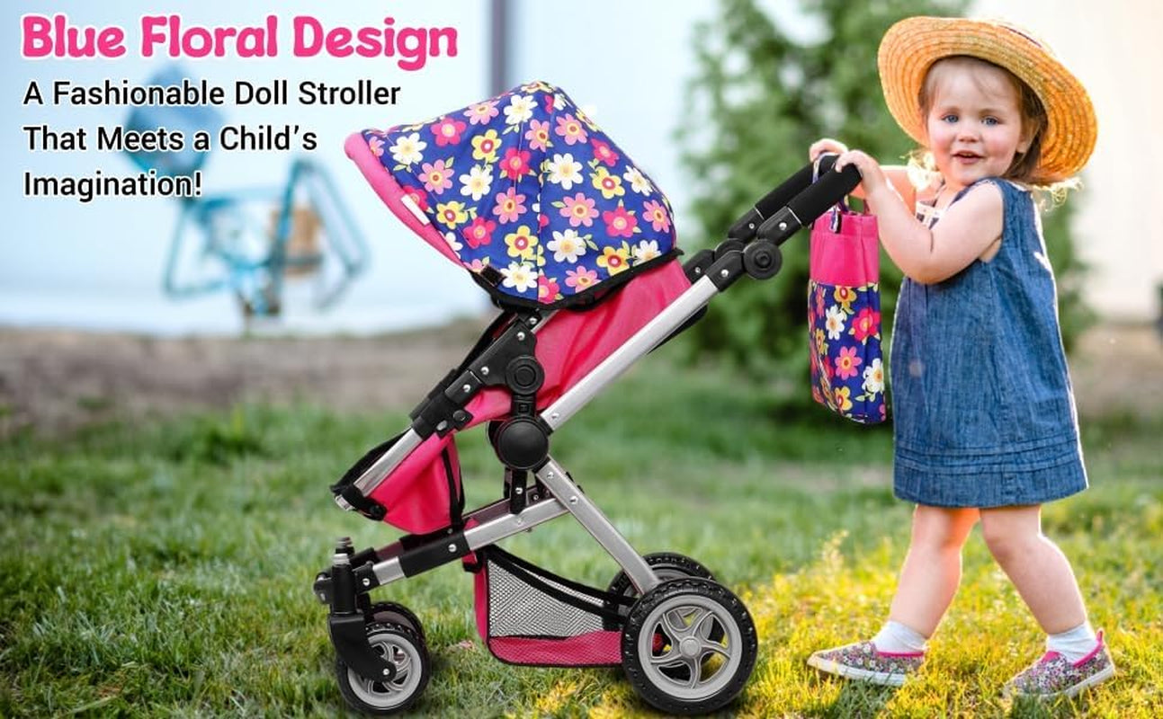 | Foldable Pram for Baby Doll with Flower Design with Swiveling Wheel Adjustable Handle Bassinet Stroller with Baby Doll, Convertible Seat, and Basket, and Free Carriage Bag