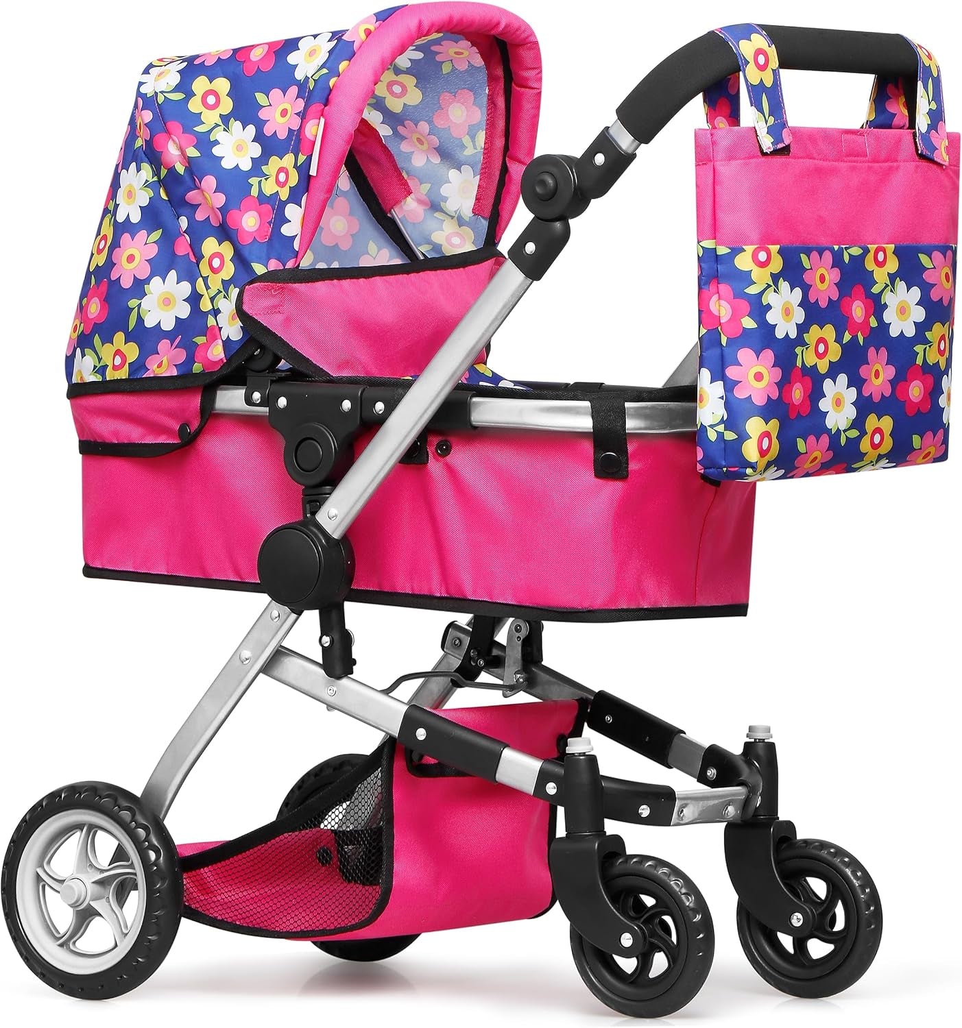 | Foldable Pram for Baby Doll with Flower Design with Swiveling Wheel Adjustable Handle Bassinet Stroller with Baby Doll, Convertible Seat, and Basket, and Free Carriage Bag