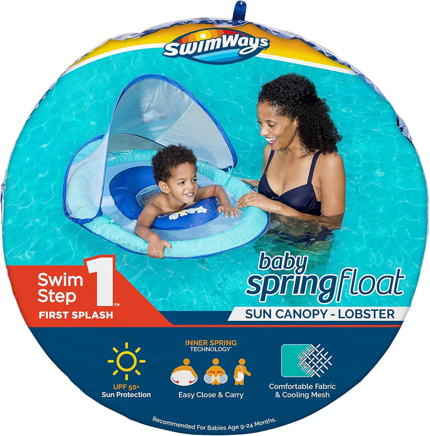 Baby Spring Float with Adjustable Canopy and UPF Sun Protection, Blue Lobster